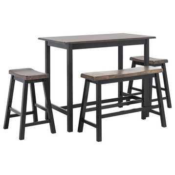 Transitional Pub Dining Set, Rectangle Table With 2 Stools & Bench, Black/Brown