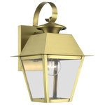 Livex Lighting - Wentworth 1 Light Natural Brass Outdoor Small Wall Lantern - With its appealing natural brass finish and clear glass, the stunning Mansfield collection will make an elegant addition to any outdoor space. Formed from solid brass & traditionally inspired, this downward hanging single-light outdoor small wall lantern is perfect for a driveway, back porch or entry way. Combining superb craftsmanship and affordable price, this fixture is sure to be a timeless addition to your home.