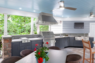 Large transitional l-shaped multicolored floor and shiplap ceiling open concept kitchen photo in Raleigh with an undermount sink, shaker cabinets, gray cabinets, quartz countertops, gray backsplash, stainless steel appliances, no island and gray countertops