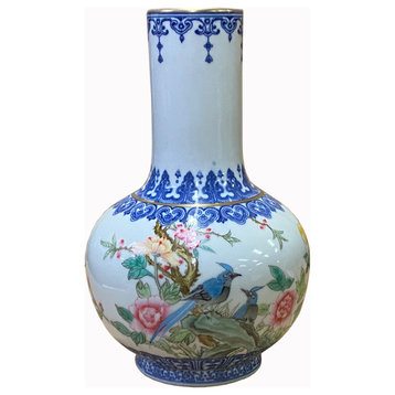 Chinese Oriental Off White Porcelain Birds Graphic Scenery Vase Hws2721