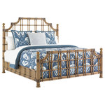 Tommy Bahama Home - St. Kitts Rattan Bed 5/0 Queen - The rattan bed features a contemporary pediment design in leather-wrapped carved bamboo. Bundled rattan posts are capped with finials, finished in burnished gold leaf. The bed is also available as a headboard only.