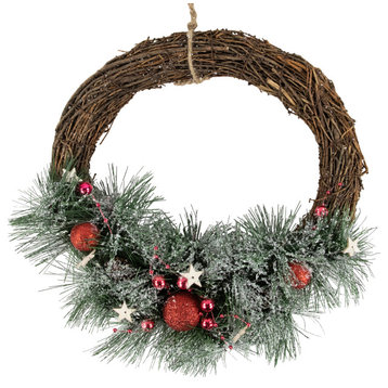 Red Ornaments Pine Needle and Stars Frosted Christmas Wreath 13.75-Inch