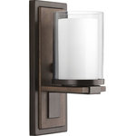Progress Lighting - 1-Light Wall Sconce - Mast has a zen-like modernism that blends the warmth of a faux-finish wooden backplate with a clean modern pediment supporting a double-glass diffuser. The combination of clear and etched glass recreates the appearance of a votive candleholder to enhance the calming influence of this distinctive style.