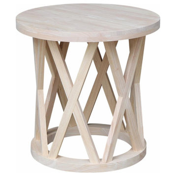 Classic End Table, Hardwood Frame With Crossed Accents & Round Top, Unfinished