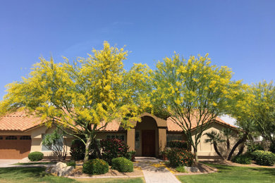 Large tuscan brown one-story stucco house exterior photo in Phoenix with a hip roof and a tile roof