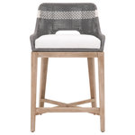 Essentials for Living - Tapestry Counter Stool - Add a touch of coastal style to your kitchen or bar area with the Tapestry Counter Stool by Essentials For Living. This transitional counter stool showcases an interwoven rope pattern with dove gray and white speckle ropes, beautifully complementing the natural gray mahogany wood base. The stool measures 21" wide, 22" deep, and 35" high, with a comfortable seat height of 26". The combination of the solid mahogany wood base and powder-coated steel frame ensures durability. The fixed seat cushion made from 100% performance olefin fabric and foam provides ample comfort and easy maintenance. The stylish "X" stretcher base design adds an extra layer of visual interest and stability to this exquisite piece, making it a stunning addition to any space.
