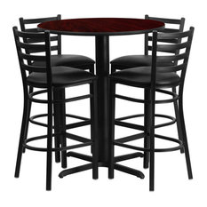 Flash 30'' Round Mahogany Laminate Table Set with 4 Ladder Back Metal Barstools