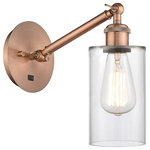 Innovations Lighting - Innovations 317-1W-AC-G802 1-Light Sconce, Antique Copper - Innovations 317-1W-AC-G802 1-Light Sconce Antique Copper. Collection: Ballston. Style: Art Nouveau, Transitional, Modern. Metal Finish: Antique Copper. Metal Finish (Canopy/Backplate): Antique Copper. Material: Steel, Cast Brass, Glass. Dimension(in): 12. 625(H) x 5. 3(W) x 11. 9375(Ext). Bulb: (1)60W Medium Base,Dimmable(Not Included). Maximum Wattage Per Socket: 100. Voltage: 120. Color Temperature (Kelvin): 2200. CRI: 99. 9. Lumens: 220. Glass Shade Description: Clear Clymer. Glass or Metal Shade Color: Clear. Shade Material: Glass. Glass Type: Transparent. Shade Shape: Cylinder. Shade Dimension(in): 3. 875(W) x 5. 875(H). Fitter Measurement (Glass Or Metal Shade Fitter Size): Neckless with a 1. 625 inch Hole. Backplate Dimension(in): 5. 3(Dia) x 0. 75(Depth). ADA Compliant: No. California Proposition 65 Warning Required: Yes. UL and ETL Certification: Damp Location.
