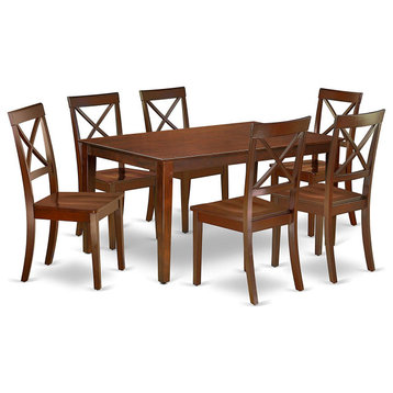 7 Pieces Dining Set, Rectangular Table & 6 Chairs With X-Shaped Back, Mahogany