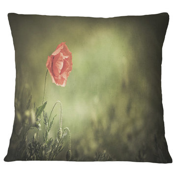 Red Wild Poppy Flower On Green Floral Throw Pillow, 18"x18"