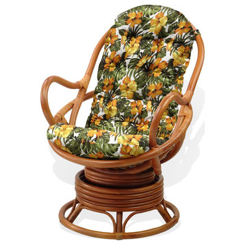 Java Lounge Swivel Rocking Rattan Wicker Chair Colonial, Floral Cushion