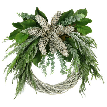 31" Holiday Wreath with Snowy Evergreen, Eucalyptus and Pinecones