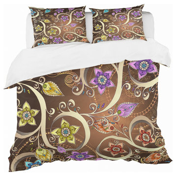 Ornamented Colored With Flowers and Paisley Floral Bedding, Twin