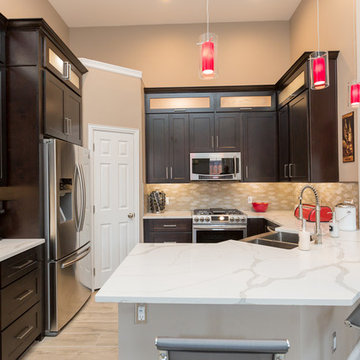 Kitchen | Modern Espresso Cabinets | Glass Mosaic Tile & Quartz Marble