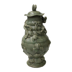 Chinese Ancient style Green Gray Ceremonial Jar with Relief Dragon Motif - Decorative Jars And Urns