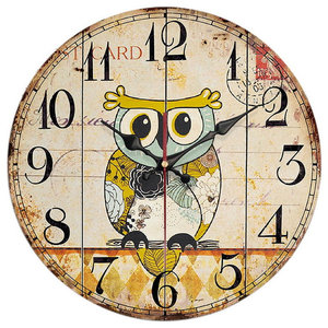 Non-Ticking Owl Wall Clock Decorative Tabletop for Home Office Study Yellow