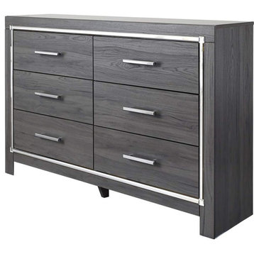 Modern Double Dresser, 6 Storage Drawers With Long Metal Handles, Gray Finish