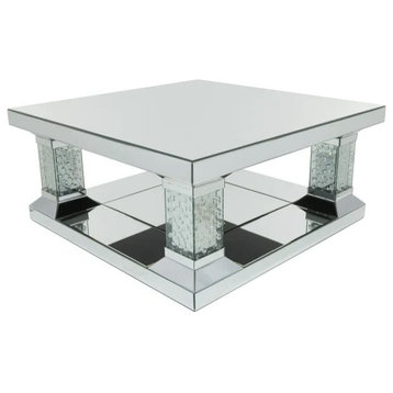 Contemporary Coffee Table, Mirrored Design With Dazzling Crystal Details, Silver