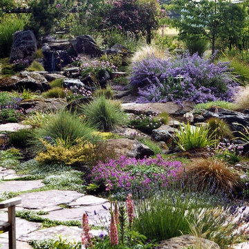 perennial rock garden with waterfalls