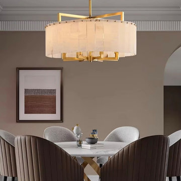 Alabaster Round Chandelier for Dining Room – Warm-Tone Interior with Gold Accent