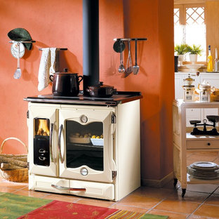 Esempio di un piccolo soggiorno rustico chiuso con stufa a legna