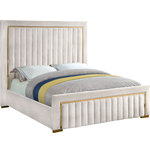 Meridian Furniture - Dolce Velvet Upholstered Bed, Cream, King - Ensconce yourself in regal modernity in this Dolce Cream Velvet King Bed. A super tall headboard makes this Dolce bed hard to ignore, ensuring it is the focal point in your bedroom sanctuary. The padded headboard is plump and welcoming, making it ideal for propping up against while you read the daily news or watch some TV. Gold trim and channel tufting add to the headboard's luxurious look, lending it an air of regality and upscale refinement. The cream velvet upholstery is buttery-soft and lavish to the touch, making you feel like royalty with every nap.