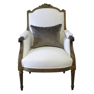 Antique Louis XVI Style Giltwood Bergere Chair in White Linen