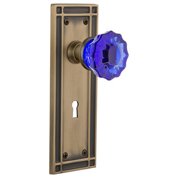 Mission Plate Privacy Crystal Cobalt Glass Knob, Antique Brass