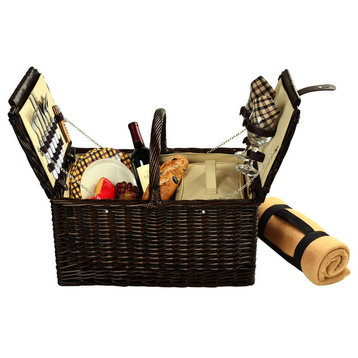 Surrey Picnic Basket For Two With Blanket, Brown Wicker and London Plaid