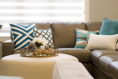 Inspiration for a mid-sized coastal formal and open concept dark wood floor and brown floor living room remodel in Other with gray walls