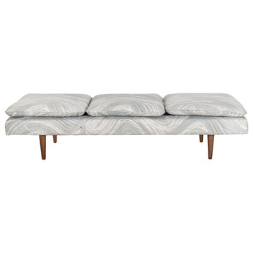 Long Upholstered Daybed With Wood Legs, Marbled Mint and Natural