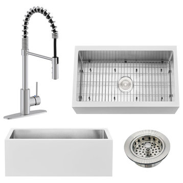30" Single Bowl Farmhouse Solid Surface Sink and Faucet Kit, Stainless Steel