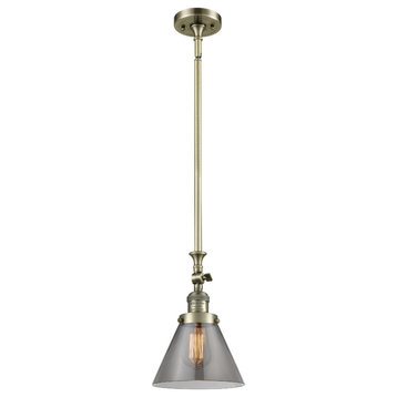 1-Light Large Cone 8" Pendant, Antique Brass, Glass: Smoked