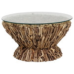 Elk Home - Drift Bundle Coffee Table - Handcrafted from natural driftwood, this coffee table is ideal piece for a coastal or nature-inspired interior. Topped with durable glass, individual pieces of sun- and salt-bleached wood are bound together in a bundle. This impactful piece has a low profile making it perfect for arranging with relaxed seating in a social space.