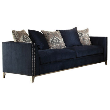 95" Blue And Silver Velvet Sofa And Toss Pillows