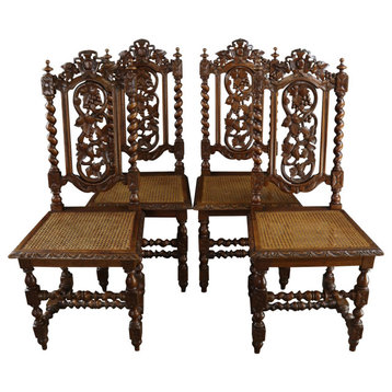 Consigned Antique Dining Chairs Set 4 French Hunting Renaissance Carved Oak