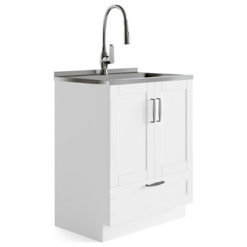 Reed Transitional28"Laundry Cabinet with Pullout Faucet and Stainless SteelSink , Pure White, 28"