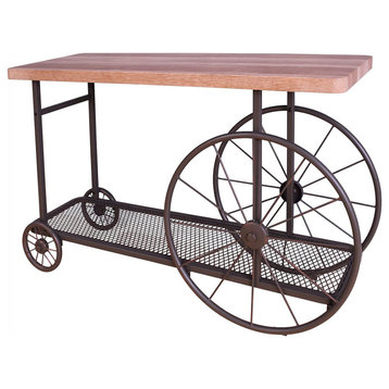 Sofa Table with Metal Mesh Bottom Shelf, Oak and Antique Gray