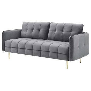 Mid Century Sofa, Velvet Upholstery With Square Tufting & Gold Accents, Gray