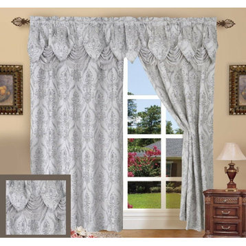 Set of 2 Penelope Curtain Panels With Attached Austrian Valance, 84" Long, Silve