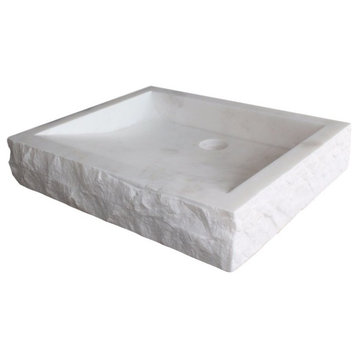 Chiseled Rectangular Natural Stone Vessel Sink, White Marble