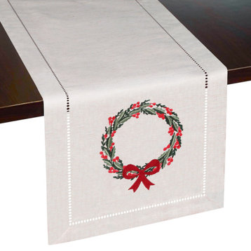 Christmas Wreath Embroidered Table Runner, Holiday Decor, Natural Beige, 13"x108"