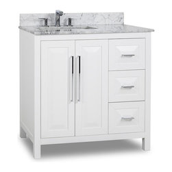 36 inch White Finish Single Sink Bathroom Vanity Carrera Marble Countertop - Bathroom Vanities And Sink Consoles