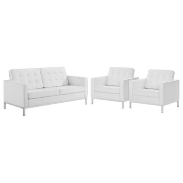 Loft 3 Piece Tufted Upholstered Faux Leather Set, Silver White