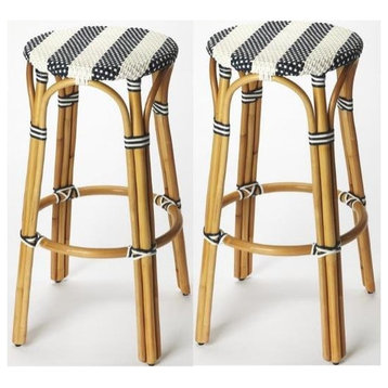 Home Square 2 Piece 30" Transitional Height Rattan Bar Stool Set in Blue