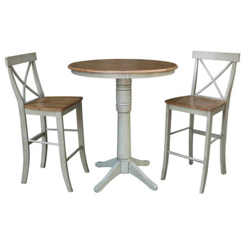 36" Round Pedestal Bar Height Table With Bar Height Stools, Distressed Hickory/Stone