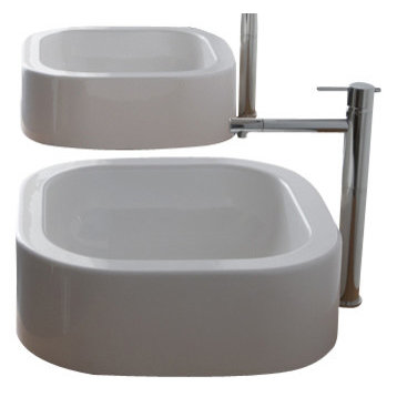 Curved White Ceramic Vessel Bathroom Sink, No Hole