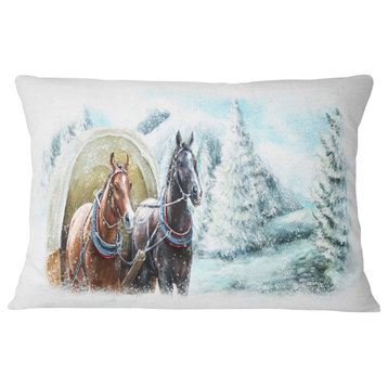 Painted Scene with Horses in Winter Landscape Printed Throw Pillow, 12"x20"