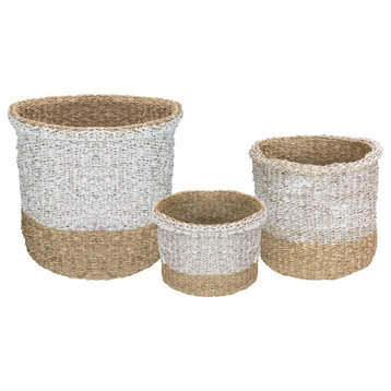 Set of 3 Beige and White Wicker Table and Floor Baskets
