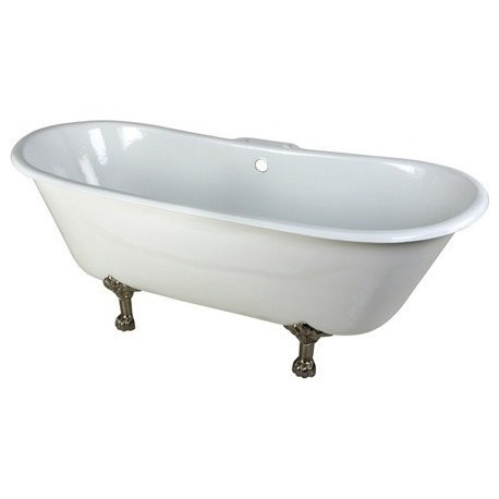 67" Double Slipper Clawfoot Tub w/7" Faucet Drillings, White/Brushed Nickel